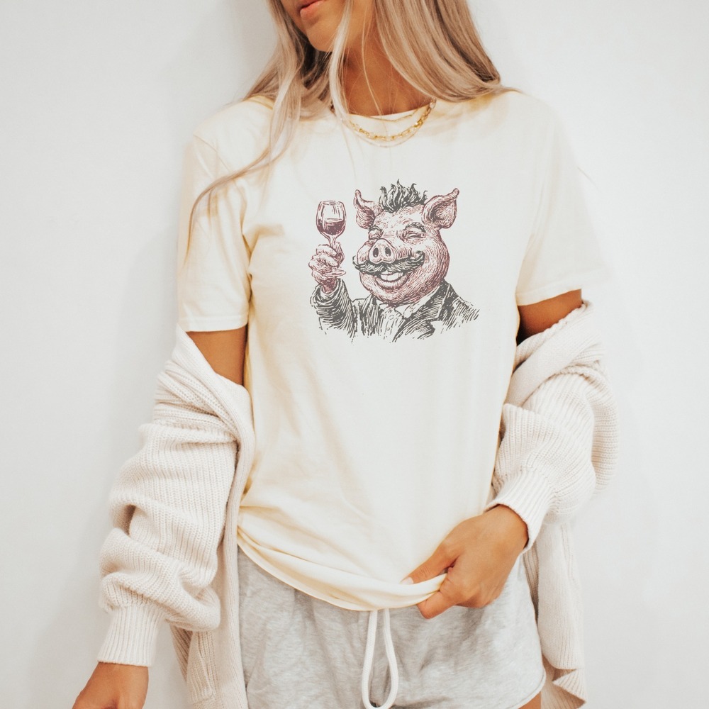 Sophisticated Pig Graphic Tee Formal Wine Toast Engraving Style Natural